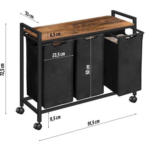 Wäschekorb mit Regal | Dreifach-Wäschekorb | Wäschekorb mit Rollen | MZ-B30-SCHWARZ