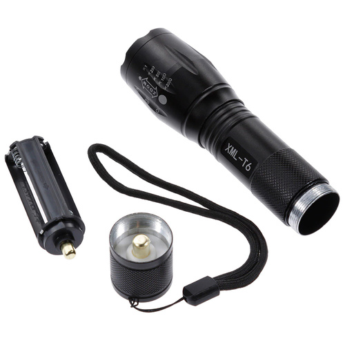 Taktische Aluminium-LED-Taschenlampe XML-T6 CREE | Zoomfunktion, 18650 Akku, Ladegerät + Kabel, Tasche | 1200lm, 5 Beleuchtungsmodi | TL-505