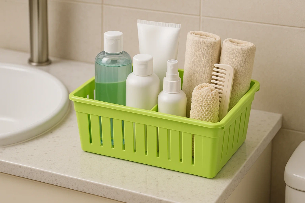 Grüner Organizer auf dem Schreibtisch, gefüllt mit Schul- und Bürobedarf