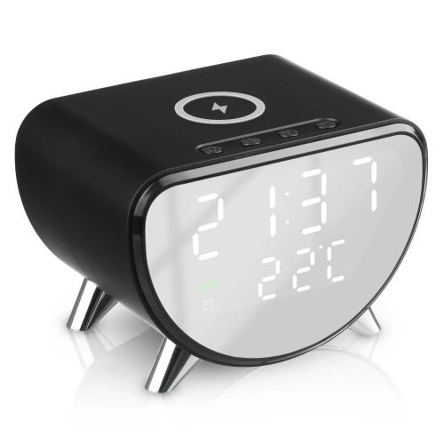 Smarter LED-Wecker mit 15-W-Qi-Ladegerät, Thermometer und 3 Alarmen | USB-Uhr fürs Schlafzimmer | SZ07-15W-BR