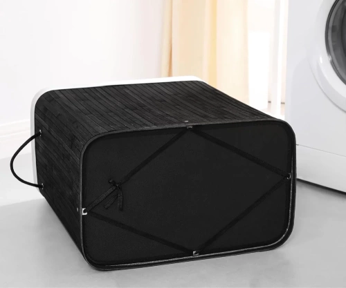 Wäschekorb | 100 l, zweigeteilt, aus Bambus und Holz, geeignet als Spielzeugbox oder Wäschebehälter für Badezimmer | schwarz | RYL-100L-BLACK