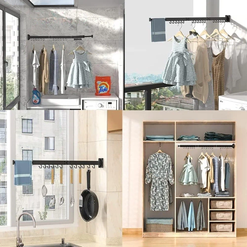 Ausziehbare Wandgarderobe | klappbarer Trockenständer mit Haken | LYJ-T90-BLACK