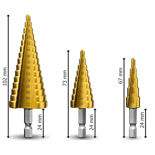 Set 3 Kegelbohrer | Stufenbohrer HSS | SDS-3PCS-GOLD
