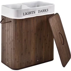 Wäschekorb | 100 l | zweigeteilt, aus Bambus und Holz, geeignet als Spielzeugbox oder Wäschesammler für Bad | braun | ZYL-100L-DABR