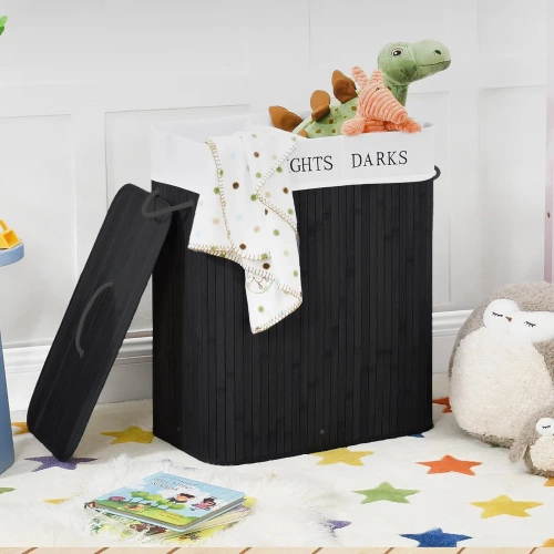 Schwarzer Wäschekorb | Bambus Spielzeugkiste | Holz Wäschekorb | Zwei-Kammer Wäschesammler für das Badezimmer | ZYL-100L-BLACK