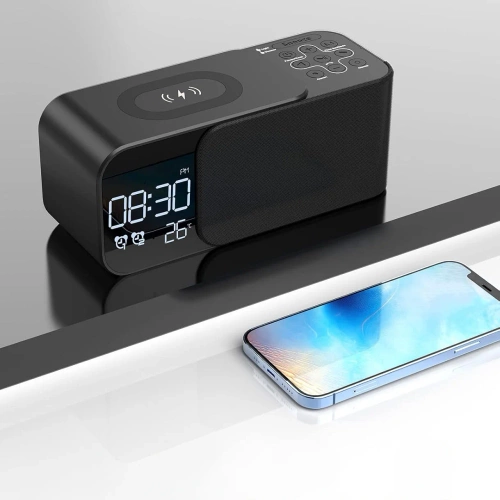 FM-Radio mit Wecker und kabelloser Ladefunktion | Multifunktionslautsprecher mit Bluetooth und Induktionsladegerät | WD-500-BK