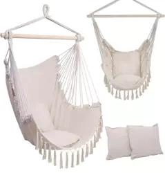 Hängesessel, brasilianischer Stuhl, Hängematte, Schaukel | zwei Kissen, Holzstange | bis 120 kg | beige | ZY-V004