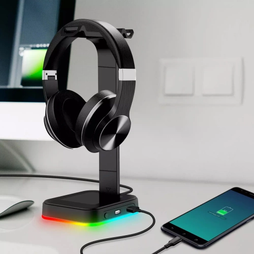 Kopfhörerständer | Haken, Ständer, Halterung für Kopfhörer | RGB-Beleuchtung | HS-D9-SCHWARZ