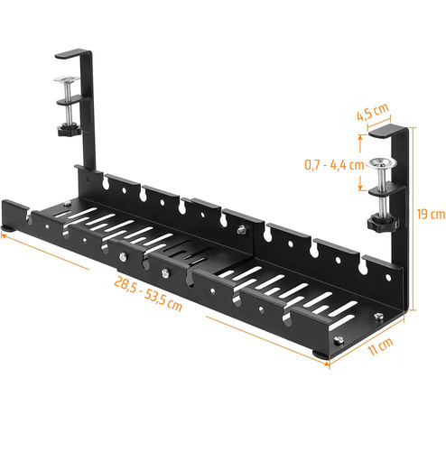 Verstellbarer Kabel-Organizer für Schreibtischunterbau 29-53 cm | Korb, Führung, Halterung | Schwarz | CWT-O3