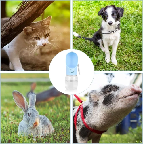 Tragbare Trinkflasche für Haustiere | Wasserflasche für Hund oder Katze | Trinkflasche mit angehängter Schale | PAC-500ML-BLUE