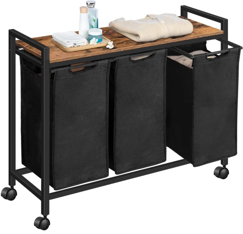 Wäschekorb mit Ablage | dreifach unterteilt, mit Rollen | schwarz | MZ-B30-BLACK