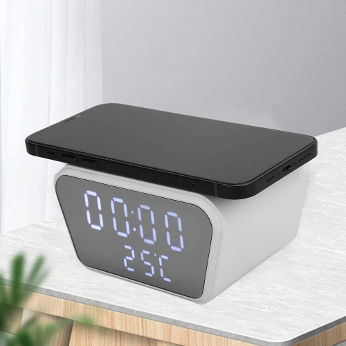 Intelligenter Wecker mit Qi 15 W kabelloser Ladefunktion | Wecker mit drei Alarmzeiten | Uhr mit Temperaturanzeige | SZ01-15W-W