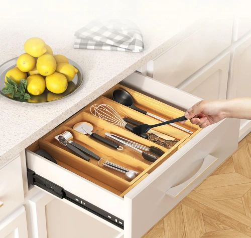 Besteckkasten | Bambus, ausziehbarer XL-Einsatz für Schubladen mit 5 Fächern | KBT-G513
