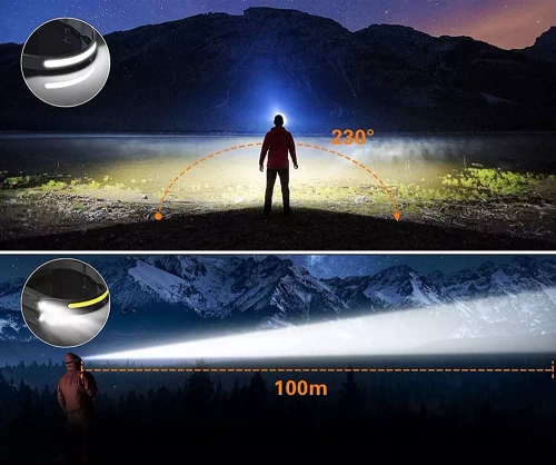 LED-Stirnlampe mit Bewegungssensor | 2 Lichtquellen - COB + XPE | 1200mAh, IPX4, 500lm | HWL-006