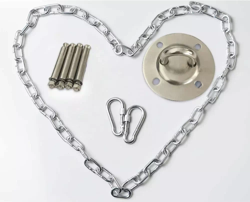 Hängesessel-, Schaukel- und Hängematten-Befestigungsset | Halterung, 1,5m Kette, 2 Karabinerhaken, 4 Dübel | ACS-08-Silber