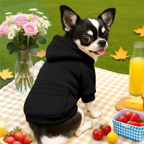 Hundepullover mit Kapuze für Hunde und Katzen | Größe M | schwarz | mit Tasche | PET-015M-BK