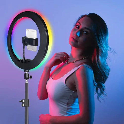 RGB-Ringlicht-Set | 26 cm mit Stativ 210 cm und Fernbedienung | geeignet für Make-up und Videoaufnahmen | SENY-RGB-26CM