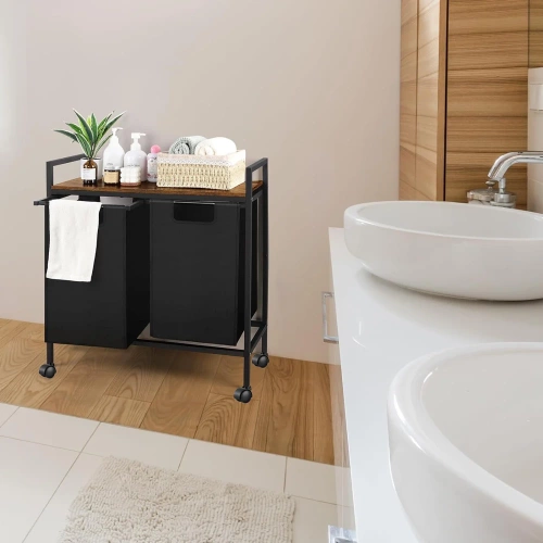 Wäschekorb mit Regal | Doppelfach-Wäschekorb | Wäschekorb mit Rollen | MZ-B20-BLACK