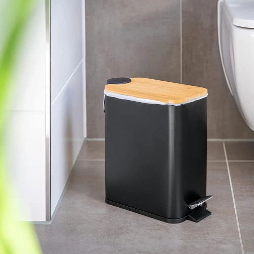 Badezimmer Mülleimer | rechteckig, Bambusdeckel, Pedal | 5 Liter, Schwarz | GY-TC5L