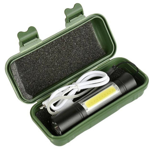 LED-Taschenlampe Mini Aluminium Taktisch XPE CREE + COB | integrierter Akku, micro USB Kabel, Etui | 600 mAh, 450 lm, 3 Leuchtmodi | TL-510