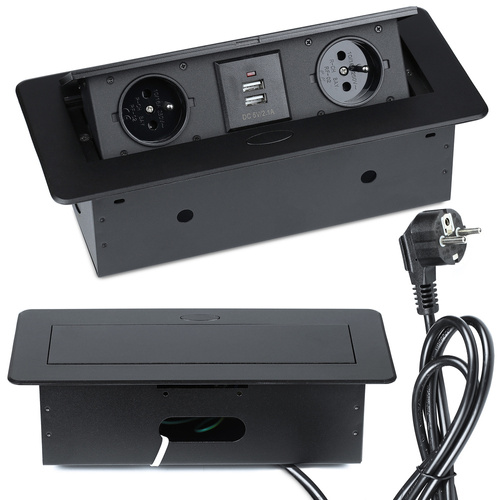 Doppel-Steckdose mit Schutzkontakt und 2x USB, versenkbar für Arbeitsplatte | JX-S267K