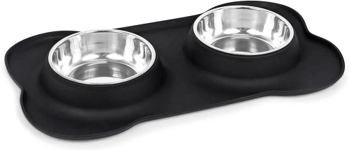Doppelnapf für Haustiere | Napf mit rutschfester Silikonunterlage | Set mit zwei Metallschalen | SBL-292-SCHWARZ