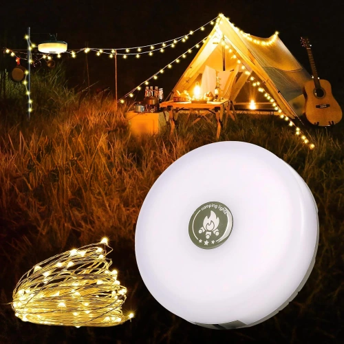 Multifunktionale LED Campinglampe mit 10 m Lichterkette, Powerbank und Magnet | Wasserdichte Lampe mit eingebautem 2000 mAh Akku 5 Leuchtmodi | KQ-5004