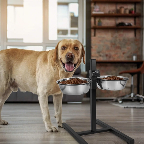 Doppelnapf für Futter und Wasser | Näpfe auf verstellbarem Ständer für Hund oder Katze | schwarz | LDB-2ML-BLACK