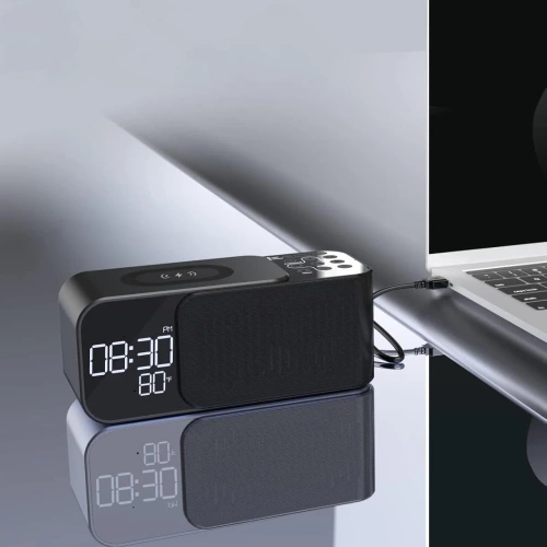FM-Radio mit Wecker und kabelloser Ladefunktion | Multifunktionslautsprecher mit Bluetooth und Induktionsladegerät | WD-500-BK