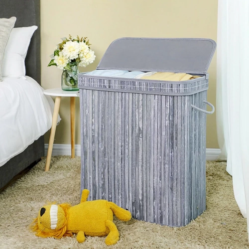 Grauer Wäschekorb | Bambus-Spielzeugkiste | Holzwäschekorb | Zweikammer-Wäschesammler für das Badezimmer | RYL-100L-GREY