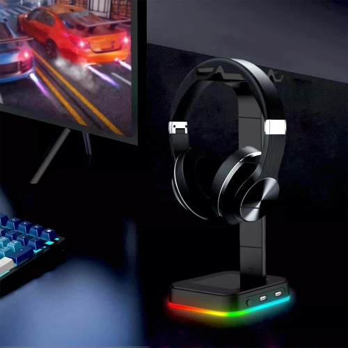 Kopfhörerständer | Haken, Ständer, Halterung für Kopfhörer | RGB-Beleuchtung | HS-D9-SCHWARZ