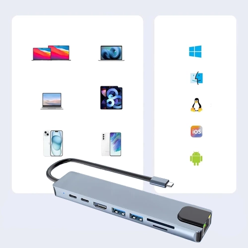 USB-C-Hub | 2x USB-A, 2x USB-C, SD-Kartenleser, TF-Kartenleser, HDMI, LAN, 8-in-1 Adapter |