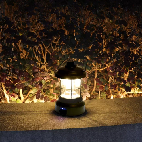 LED-Campinglampe im Retro-Design mit Powerbank-Funktion | Stufenlose Helligkeits- und Farbtemperaturregelung, 3.000 mAh, 20–260 lm, 5–120 h, IPX6 | grün | MY-880