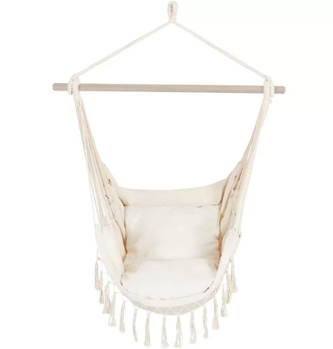 Hängesessel, brasilianischer Stuhl, Hängematte, Schaukel | zwei Kissen, Holzstange | bis 120 kg | beige | ZY-V004