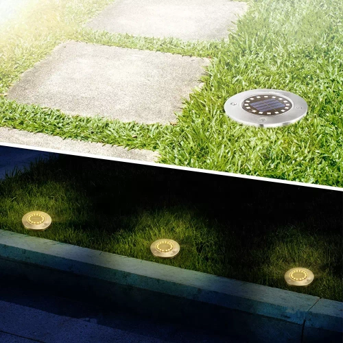 Solar Bodenleuchte, Gartenleuchte, Einbaustrahler | 16 LED | Edelstahl | ⌀ 11,5cm | YNG-16LED-WC