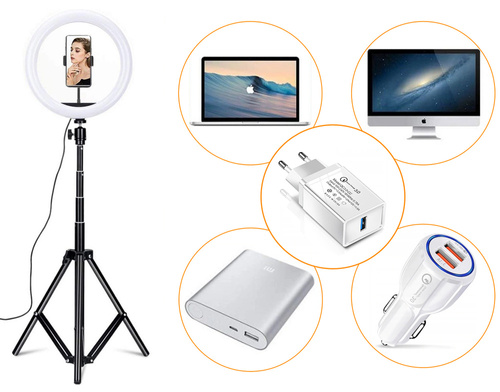 4-in-1 | Ringlicht 260 mm | Einstellbares Stativ 210 cm | Netzladegerät WA-001 | Bluetooth iOS / Android Fernbedienung | SENY 260T