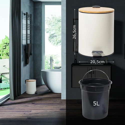 Abfalleimer für Bad | rund, Bambusdeckel, Pedal | 5 l, weiß | GY-TB5L