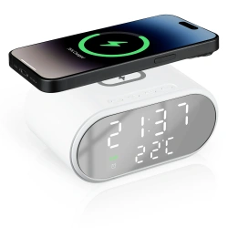 Intelligenter Wecker mit Qi 15 W kabelloser Ladestation | Wecker mit drei Alarmzeiten | Uhr mit Temperaturanzeige | SZ06-15W-W