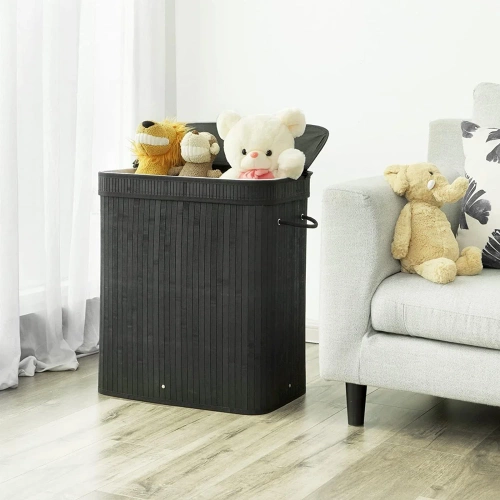 Schwarzer Wäschekorb | Bambus Spielzeugkiste | Holzwäschekorb | Zweifach Wäschekorb für das Badezimmer | RYL-100L-BLACK