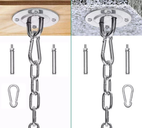 Hängesessel-, Schaukel- und Hängematten-Befestigungsset | Halterung, 1,5m Kette, 2 Karabinerhaken, 4 Dübel | ACS-08-Silber