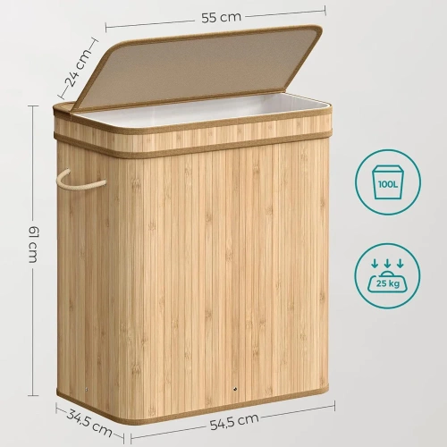 Holzkorb für Wäsche | Bambusbehälter für Spielzeug | Holzkorb für Kleidung | Zwei-Kammer-Wäschesammler für das Badezimmer | RYL-100L-LIBR