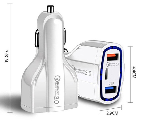 Schnellladegerät fürs Auto 2x USB 1x Typ-C | Schnellladung Quick Charge 3.0 | Umgebungs-LED | CA-005