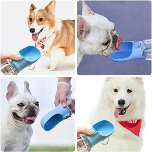 Tragbare Trinkflasche für Haustiere | Wasserflasche für Hund oder Katze | Trinkflasche mit angehängter Schale | PAC-500ML-BLUE