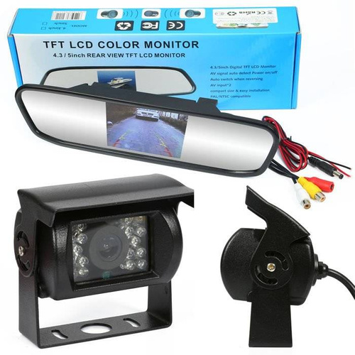 Rückfahrkamera-Set | 18 IR | 12–24 V mit 4,3" LCD TFT Monitor im Rückspiegel | PZ702 PZ470