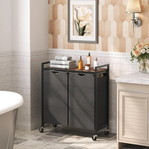 Wäschekorb mit Regal | Doppelfach-Wäschekorb | Wäschekorb mit Rollen | MZ-B20-BLACK