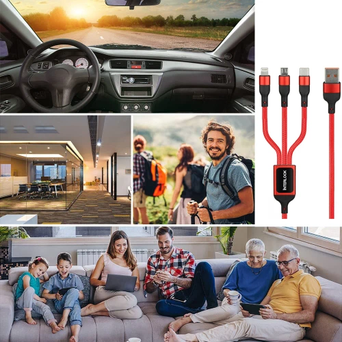 USB 3-in-1 Kabel | Micro-USB, USB Typ-C, Lighting | Nylon-Kabel 1,2m | B5-3in1-rot