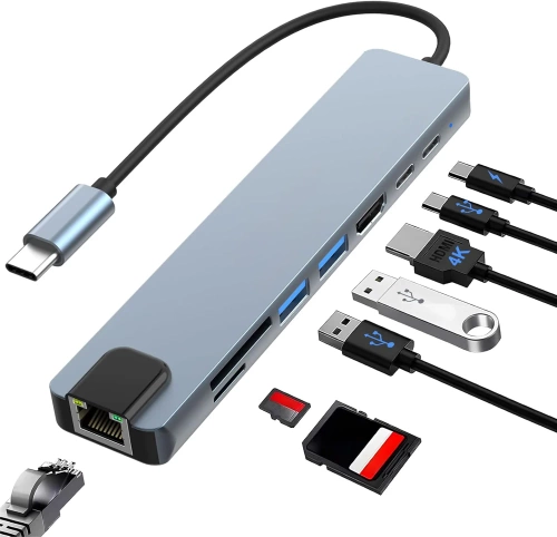 USB-C-Hub | 2x USB-A, 2x USB-C, SD-Kartenleser, TF-Kartenleser, HDMI, LAN, 8-in-1 Adapter |