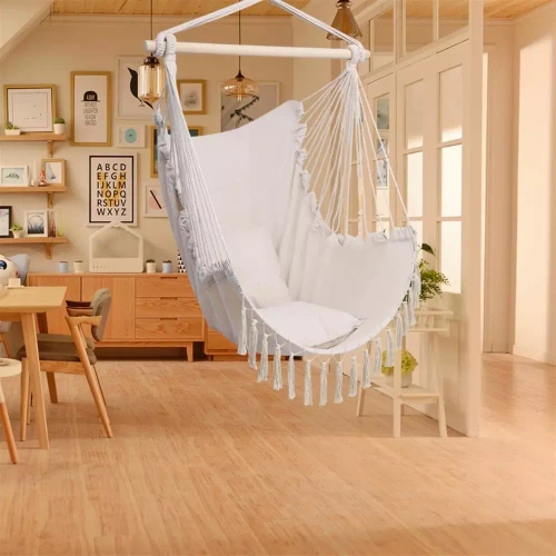 Hängesessel, brasilianischer Stuhl, Hängematte, Schaukel | zwei Kissen, Holzstange | bis 120 kg | beige | ZY-V004