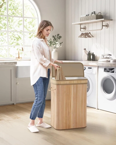 Wäschekorb | Bambus Aufbewahrungsbox für Spielzeug | Holz Wäschesammler | 1-Kammer Wäschekorb für Badezimmer | 80 l | UYL-80L-LIBR