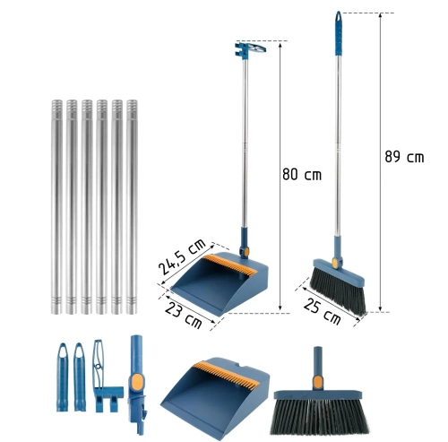 Reinigungsset mit Besen und Kehrschaufel mit langem Stiel | Besen mit drehbarem Kopf und klappbarer Kehrschaufel | FBS-2in1-Blue